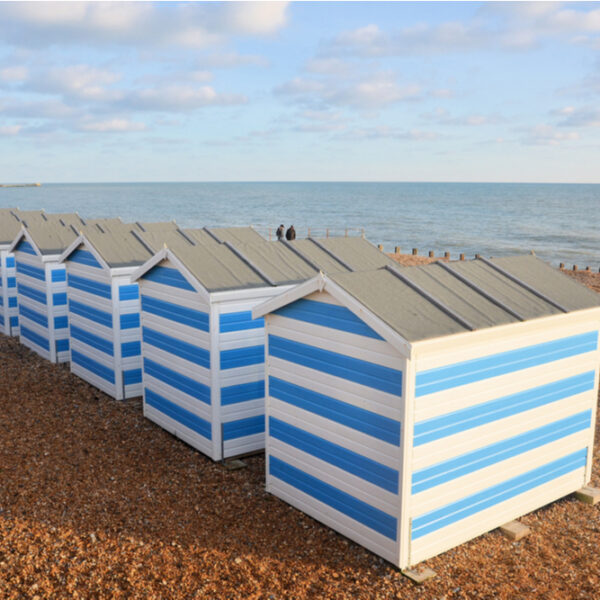 A row of beach huts on Christmas day at Hastings, East Sussex, England
