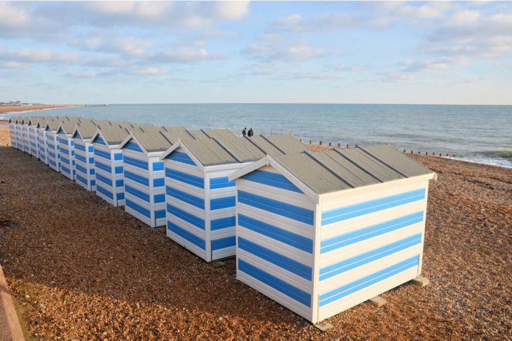 A row of beach huts on Christmas day at Hastings, East Sussex, England