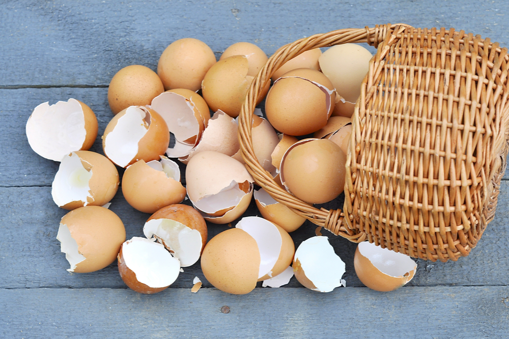 a basket full of broken eggs on a wooden background